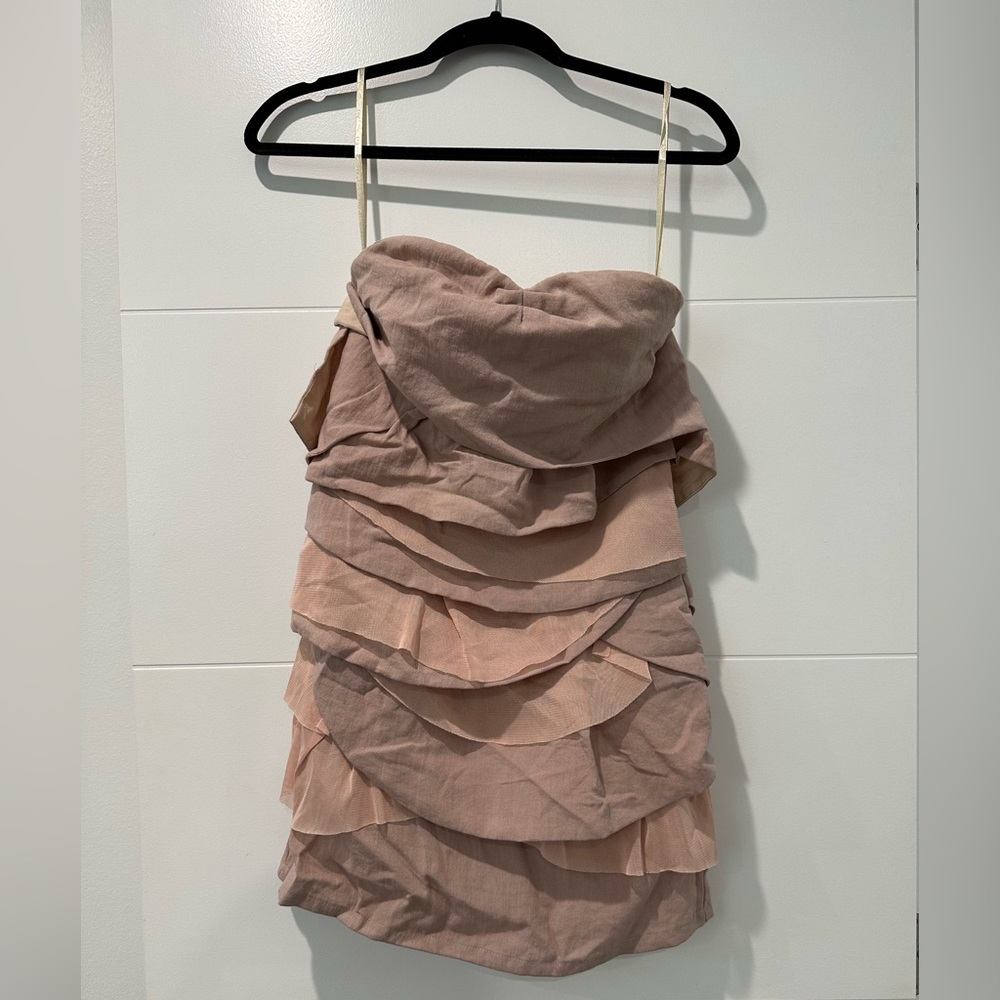 Layered Linen/Tulle Ruffled Blush Mini Dress, Sweetheart Neckline, Strapless